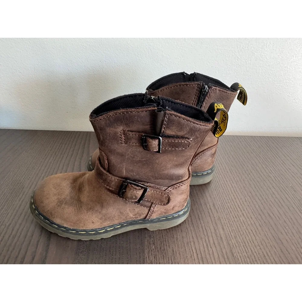 Dr. Martens Jiffy Biker Boots Boys Size 10 Brown Buckle Side Zip airwair